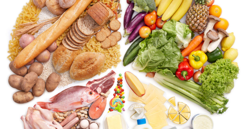 food pyramid turn into pie chart against white background