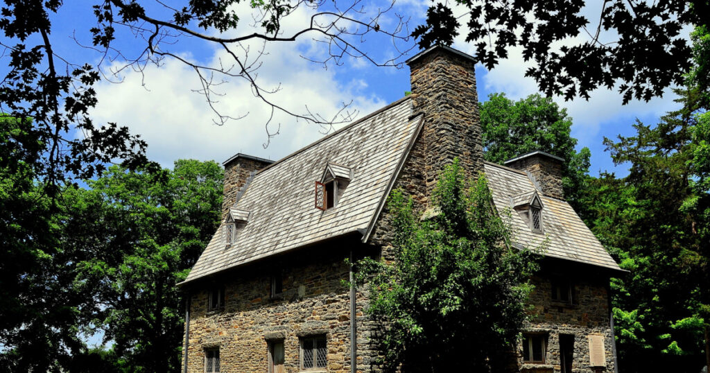 Guilford, Connecticut - July 10, 2015: Historic stone 1639 Rev. Henry Whitfield House and Museum originally served as both a protective fort and the minister's home