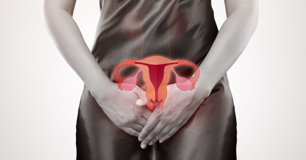 Woman with hands holding her crotch. Human reproductive system. Female anatomy concept.