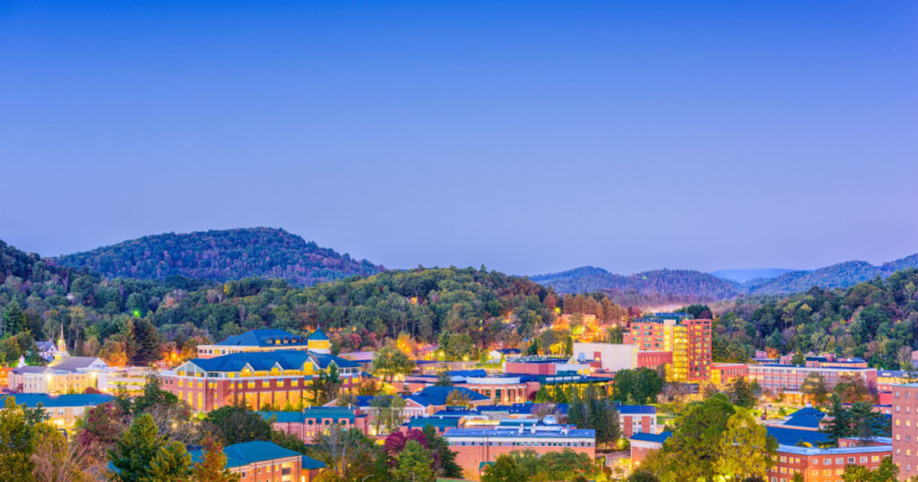 Boone, North Carolina, USA campus and town skyline.