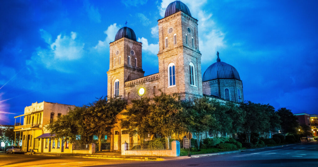 light trails at the Minor Basilica in Natchitoches Louisiana