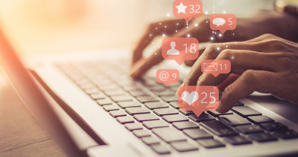 Businesswoman laptop using ,Social, media, Marketing concept.