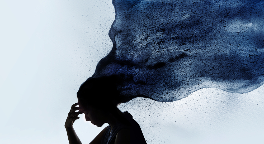 Mental Health Disorder Concept. Exhausted Depressed Female touching Forehead. Stressed Woman Silhouette photo combined with Watercolor. Depression Psychology inside her Head
