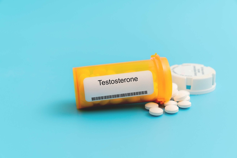 Testosterone. Testosterone Medical pills in RX prescription drug bottle
