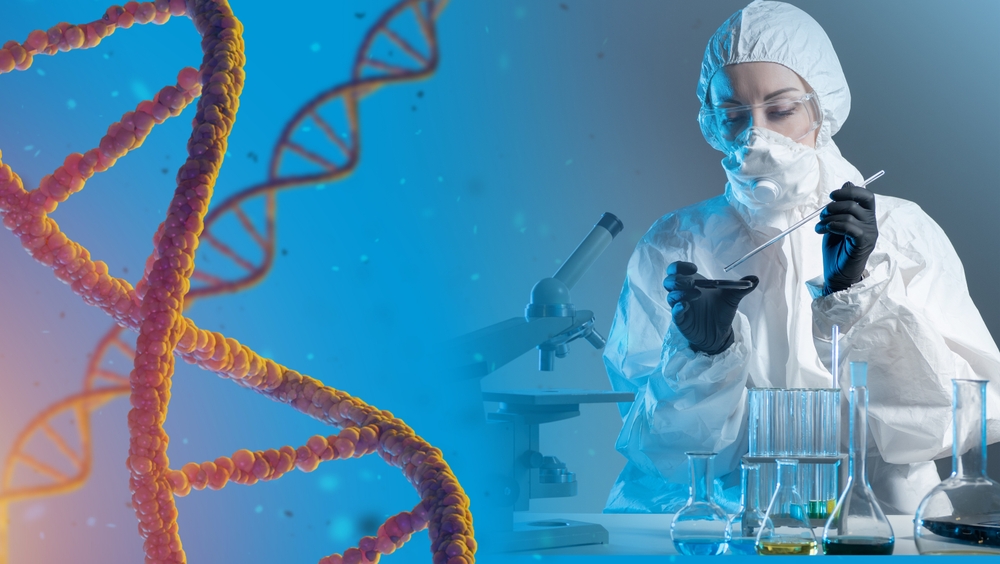 Genetic engineering. Female scientist works against the background of DNA chains. Genetics science. Human genome study. The study of the genetic DNA of human chromosomes. Medicine and biotechnology.
