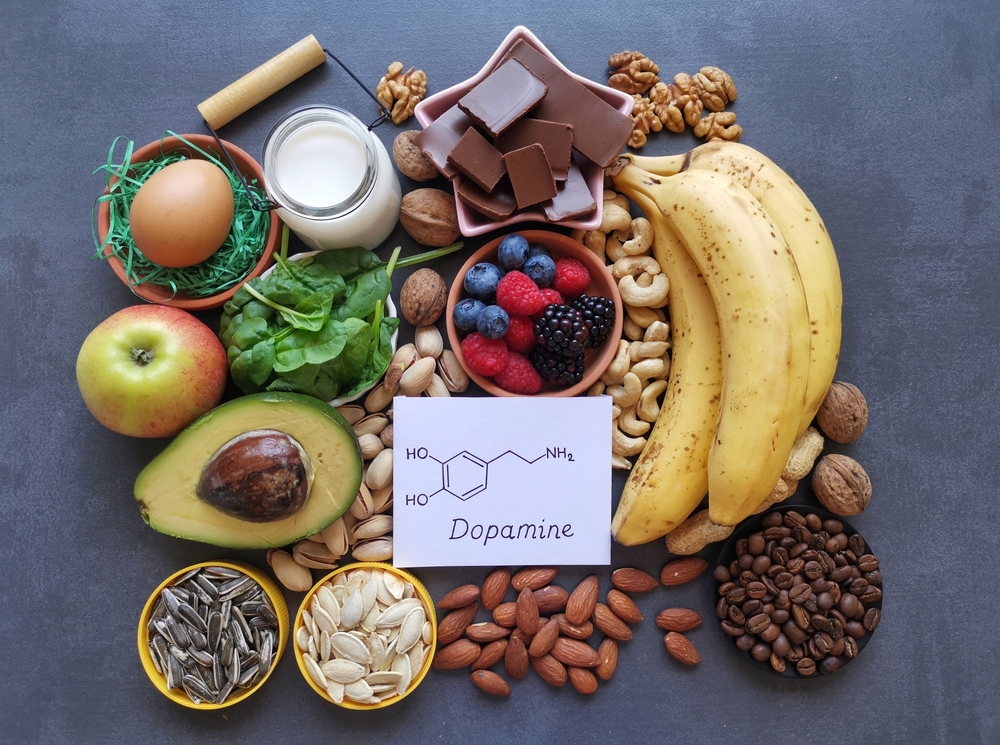 Dopamine-boosting food with structural chemical formula of dopamine. Food for good mood and happiness. Healthy foods that may help boost dopamine. Natural sources of hormone dopamine. Brain super food
