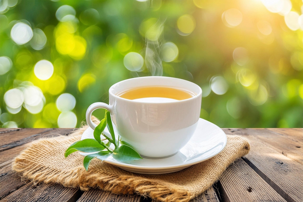 a white tea cup of refreshing hot steamy green tea with burlap and tea leaf decoration on a worn wooden table against a backdrop of sunlight breaking through bokeh leaves
