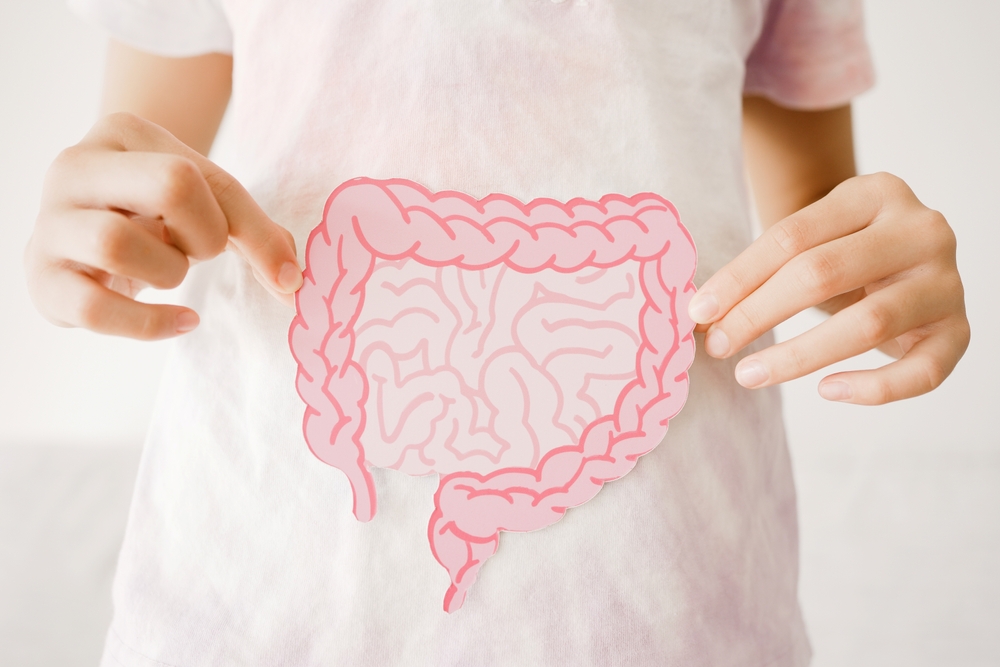 Preteen girl hands holding intestine shape, healthy bowel digestion, leaky gut, probiotic and prebiotic for gut health, preteen and teen gut health concept

