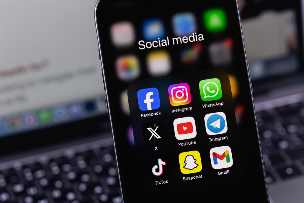 smartphone with mobile apps closeup, Facebook, Instagram, WhatsApp, Twitter X, YouTube, Telegram, TikTok, Snapchat. Popular social media platform for marketing. Batumi, Georgia - February 11, 2024
