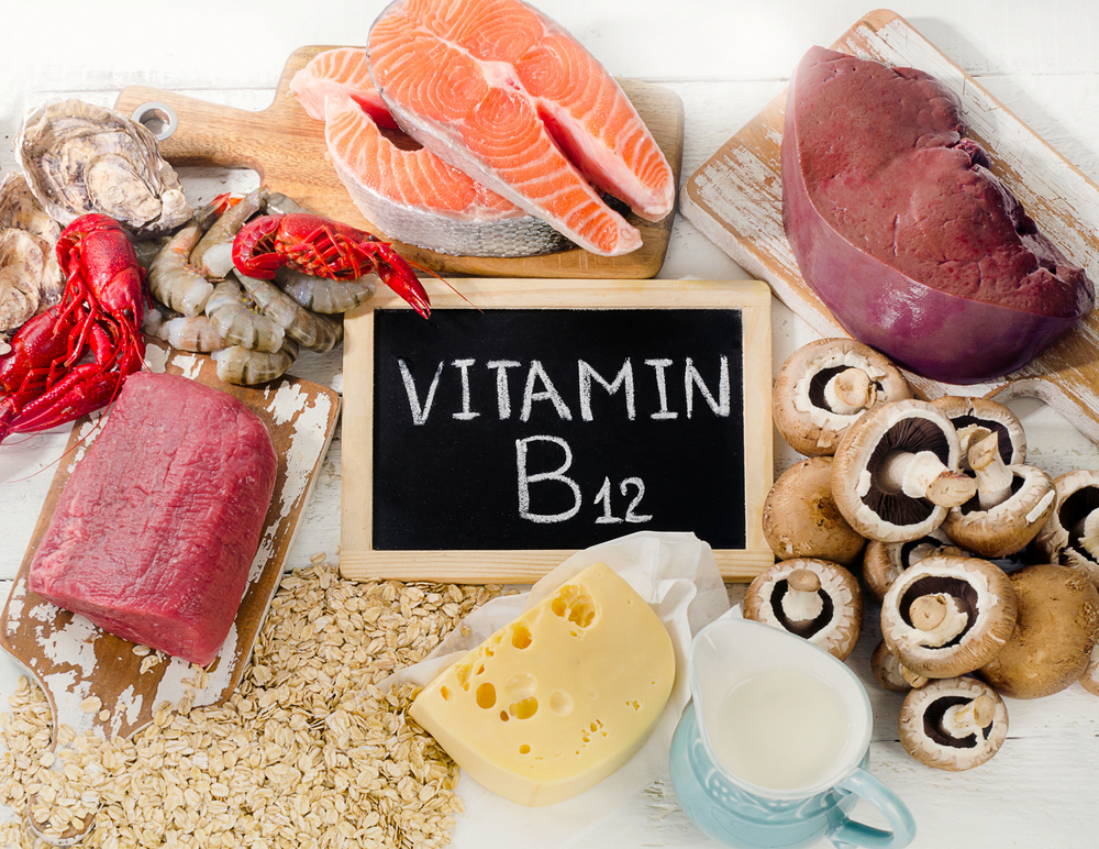 Natural sources of Vitamin B12 (Cobalamin). Healthy diet eating. Top view