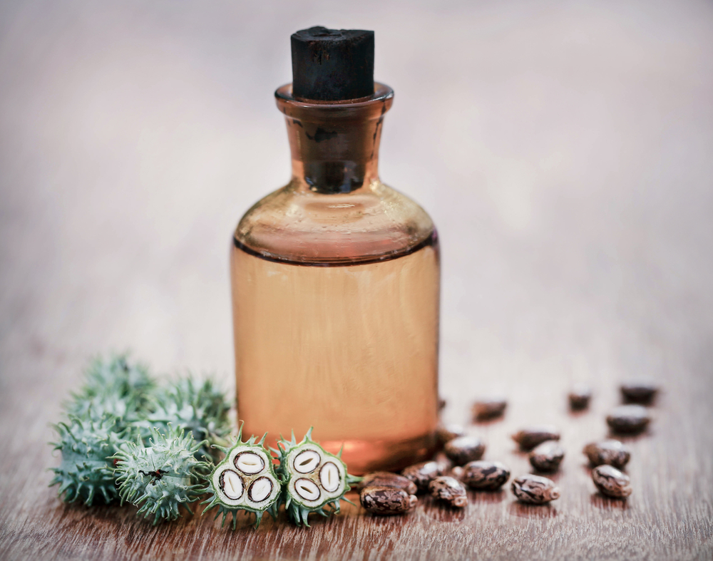 Castor oil with dry and green beans on wooden surface