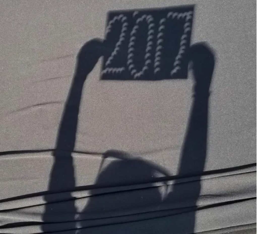 Shadow of a woman holding a sign that says 2017. 