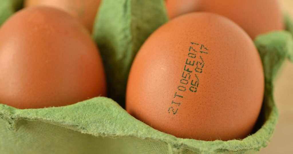 Close-up of eggs with expiration date