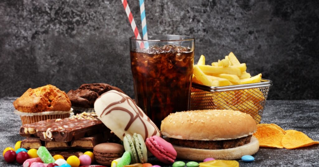 Unhealthy products. food bad for figure, skin, heart and teeth. Assortment of fast carbohydrates food.