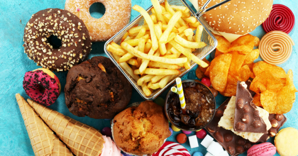 Unhealthy products. food bad for figure, skin, heart and teeth. Assortment of fast carbohydrates food.