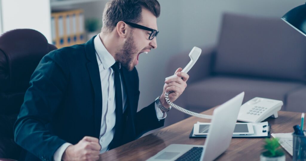 Corporate mad people yell authority tell speak with staff people person concept. Side profile view portrait of disappointed tired busy sad upset agent financier shouting on receiver in his hand