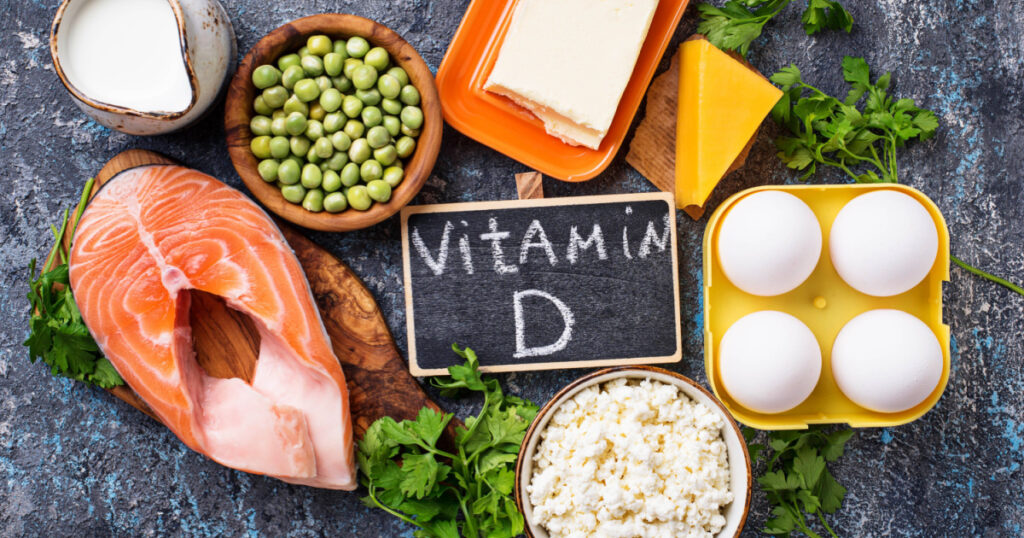 Healthy foods containing vitamin D. Top view