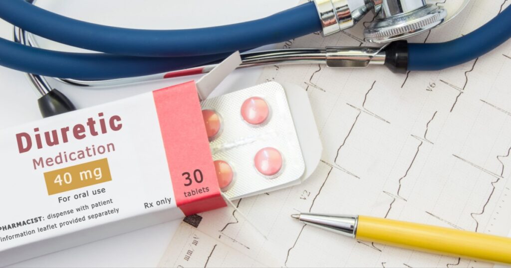 KYIV, UKRAINE-JUNE 20, 2018: Diuretic drug for heart, kidneys and cardiovascular system. Packing of pills with inscription "Diuretic Medication" for treatment of cardiovascular diseases near EKG