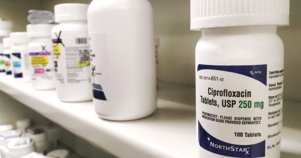 December 21, 2018-ogden Utah USA: cipro bottle on the shelf at the pharmacy. This medicine has information from the fda to warn the public about heart and sorta damage as a side effect.