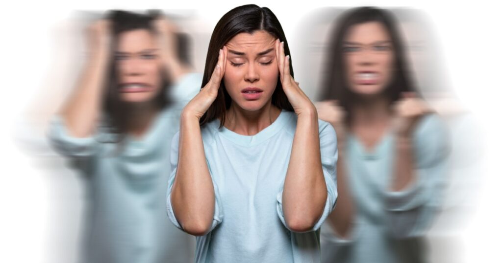 Woman in distress from anxiety, stress, and depression, inner insecurities and negativity, suffering mental pain