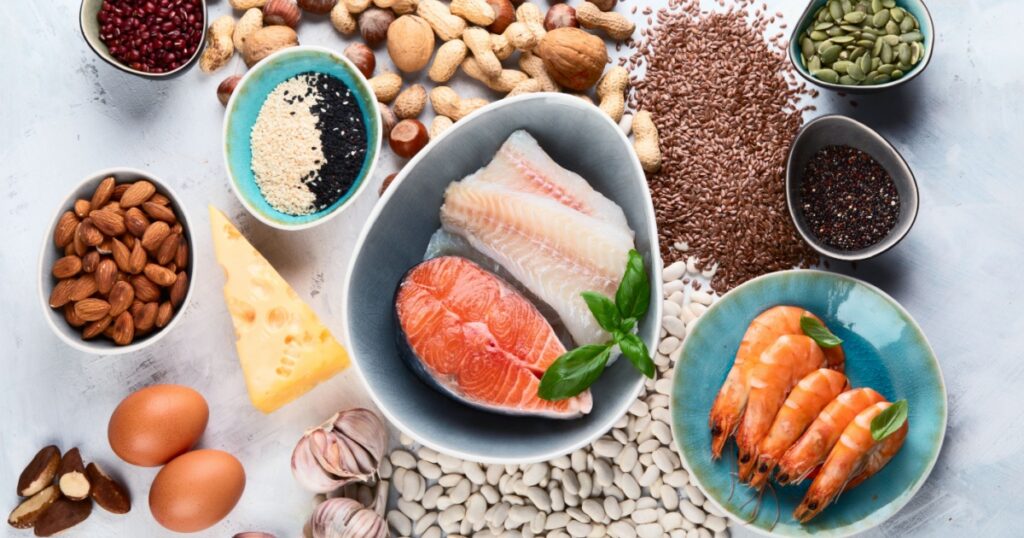 Foods highest in phosphorus. Healthy eating concept. Top view