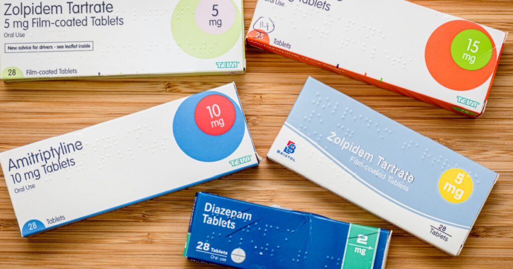 SHEFFIELD, UK – OCTOBER 12, 2019: Boxes of generic prescription medication drugs for insomnia and sleep disorders inc sedative-hypnotic, antidepressant. Zolpidem, mirtazapine, amitriptyline, diazepam