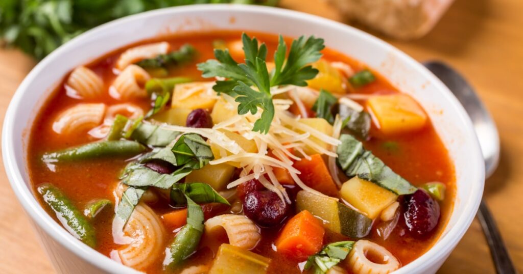 Bowl of Minestrone Soup with Pasta, Beans and Vegetables