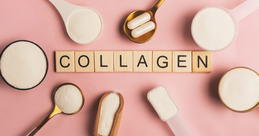 Collagen powder and pills spoons on pink background. Extra protein intake. Natural beauty and health supplement for skin, bones, joints and gut. Plant or fish based. Flatlay, top view. Copy space.