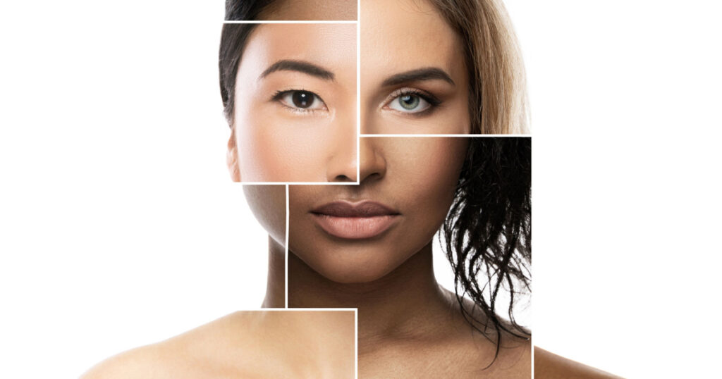 Creative beauty collage - face parts of different ethnicity women.