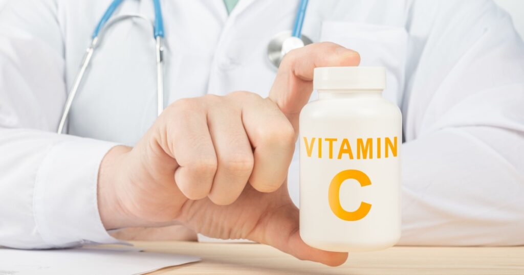 Vitamin C and supplements for human health. Doctor recommends taking vitamin C. doctor talks about Benefits of vitamin C. Essential vitamins and minerals for humans. C Vitamin Health Concept.