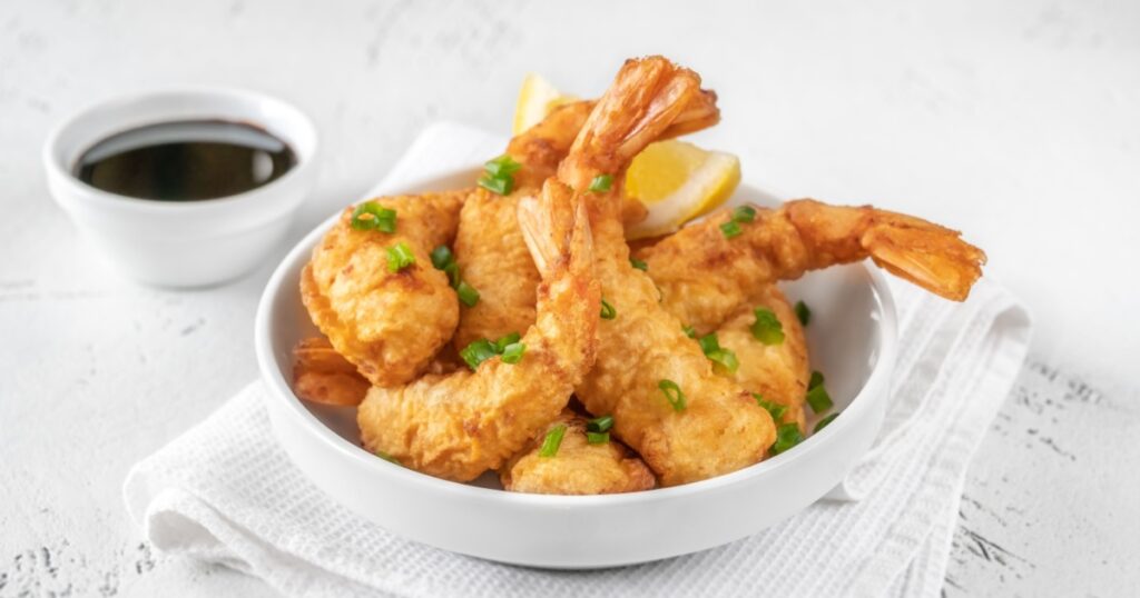Bowl of Shrimp Tempura with soy sauce