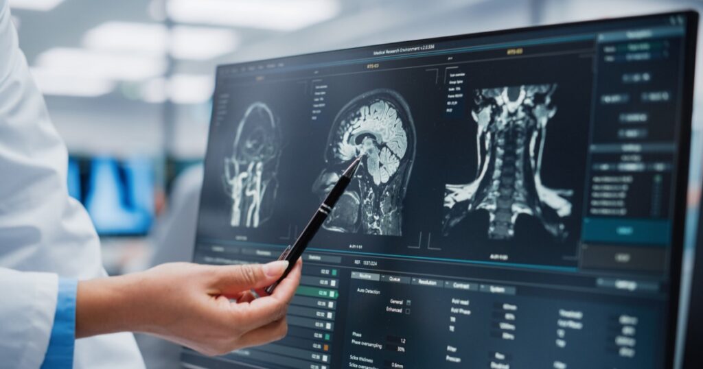 Medical Hospital: Neurologist and Neurosurgeon Talk, Use Computer, Analyse Patient MRI Scan, Diagnose Brain. Brain Surgery Health Clinic Lab: Two Professional Physicians Look at CT Scan. Close-up