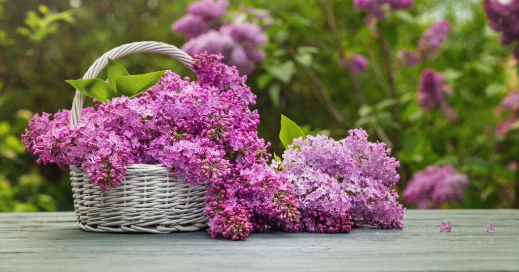 Freshly cut flowers of lilac. Lilac from the garden in wicker basket.