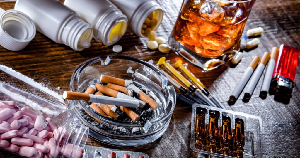 Addictive substances, including alcohol, cigarettes and drugs.
