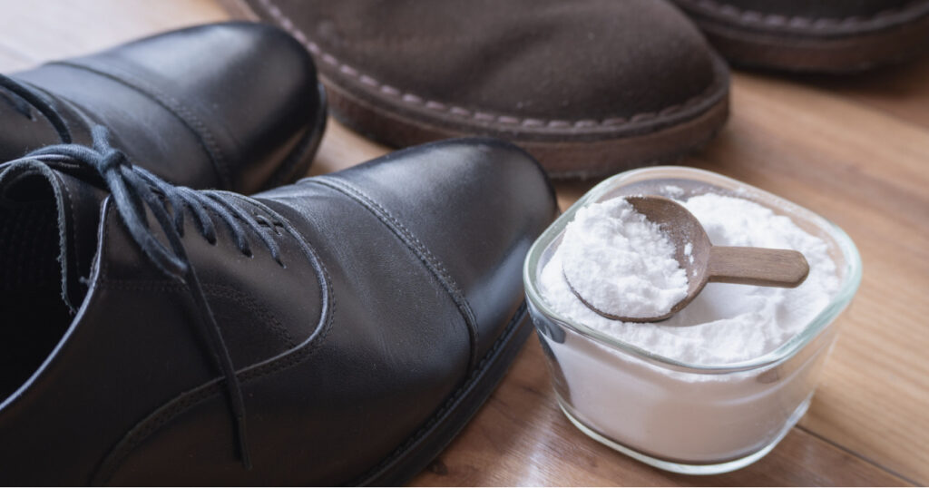 shoes and baking soda. Deodorizing image of shoes.