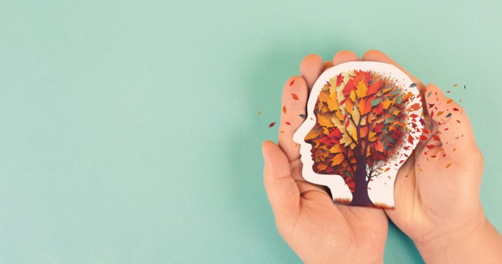 Alzheimer awareness day, dementia diagnosis, Parkinson´s disease, memory loss disorder, brain with autumn foliage