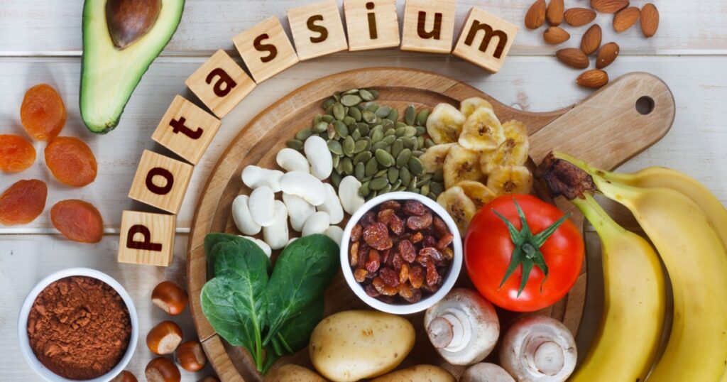 Potassium Food Sources as dried apricots, raisins, avocado, cocoa, bean, pumpkin seeds, dried banana, potatoes, tomatoes, spinach, mushrooms, fresh banana, hazelnuts, almonds.