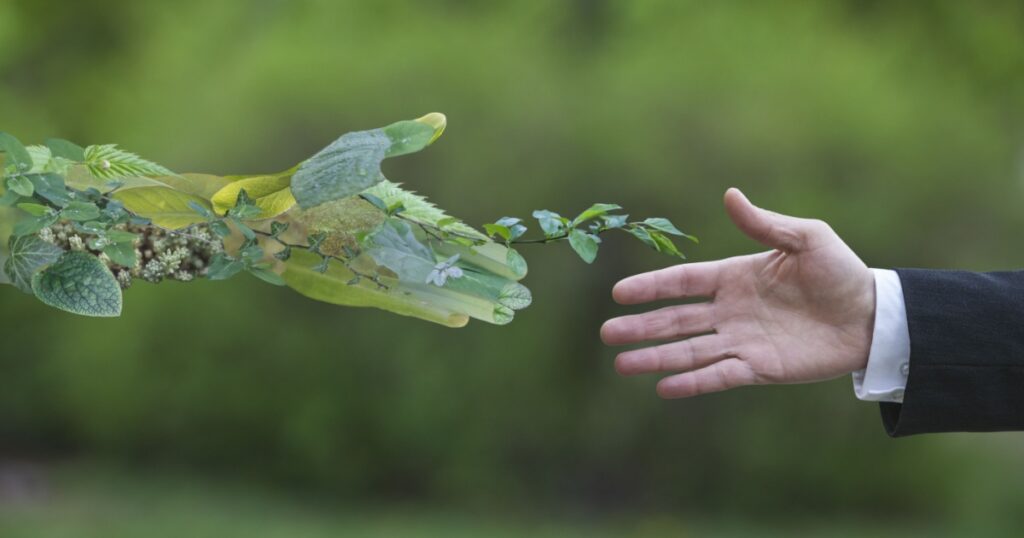 Hand of a businessman reach out towards hand of the nature