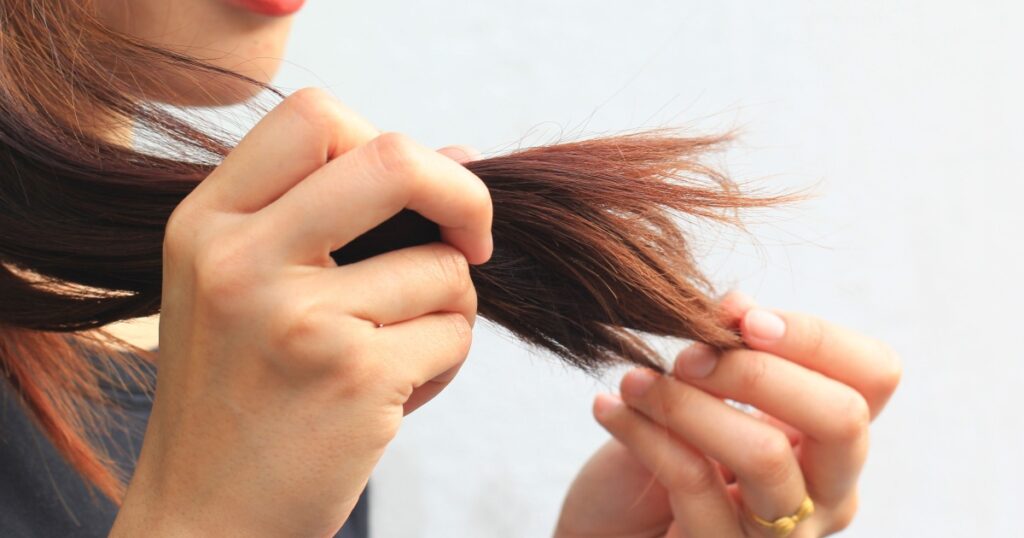 Woman hand holding her long hair with looking at damaged splitting ends of hair care problems