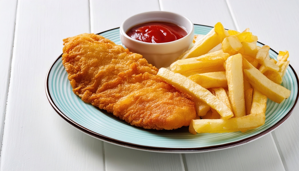 Fish and chips is a hot dish of fried fish in batter, served with chips or french fries. Malt vinegar, ketchup, catsup, tartar sauce are common dipping sauces. isolated on white background
