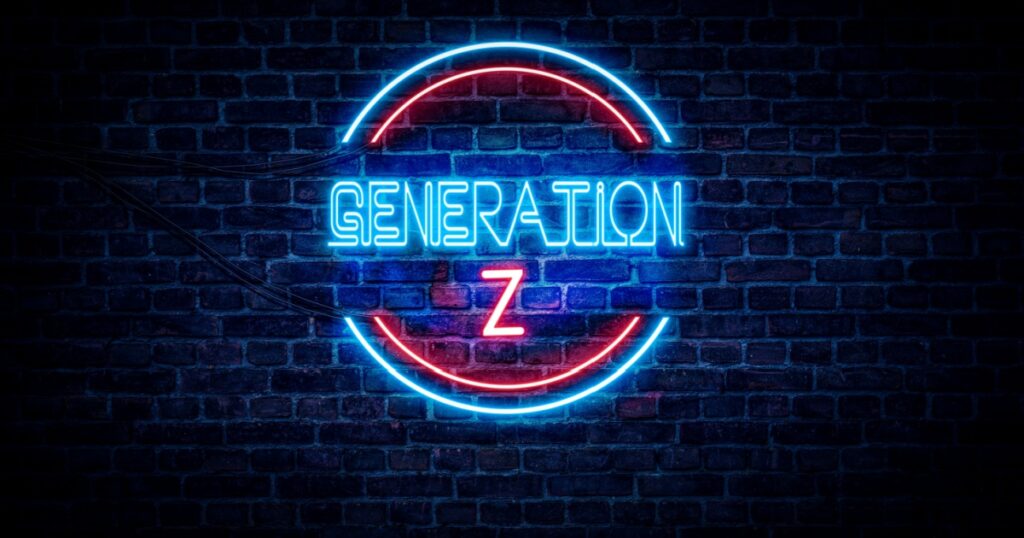 A blue and red neon sign on a brick wall that reads: GENERATION Z .