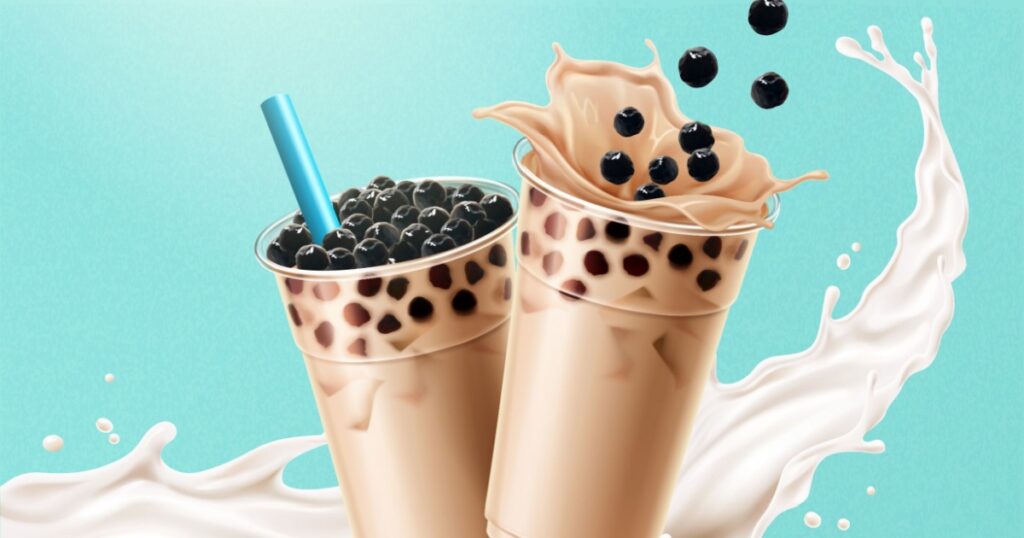 Bubble milk tea ads with delicious tapioca and splashing milk in 3d illustration