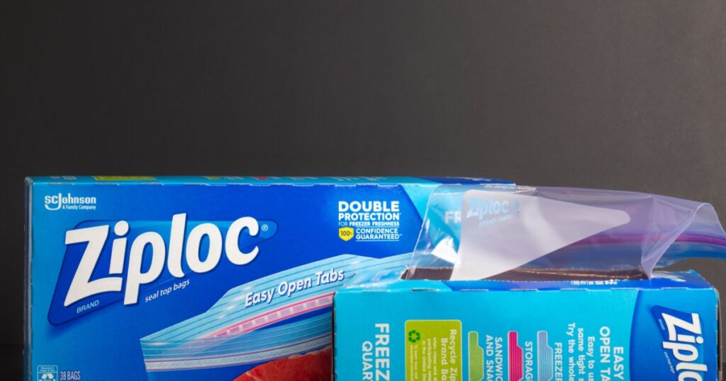 Fort Myers, FL / USA - 4/2/20 : Fort Myers, FL / USA - 4/2/20 : Ziplock brand seal top bags Gallon and freezer quart sized Ziploc is a brand of reusable, re-sealable zipper storage bags and containers