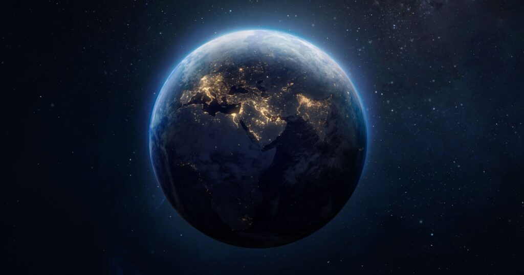 Sphere of nightly Earth planet in outer space. City lights on planet. Life of people. Solar system element. Elements of this image furnished by NASA