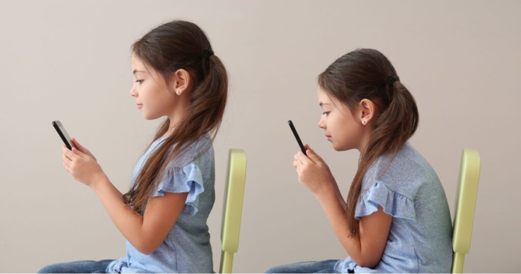 Little girl with bad and proper posture using mobile phone on grey background
