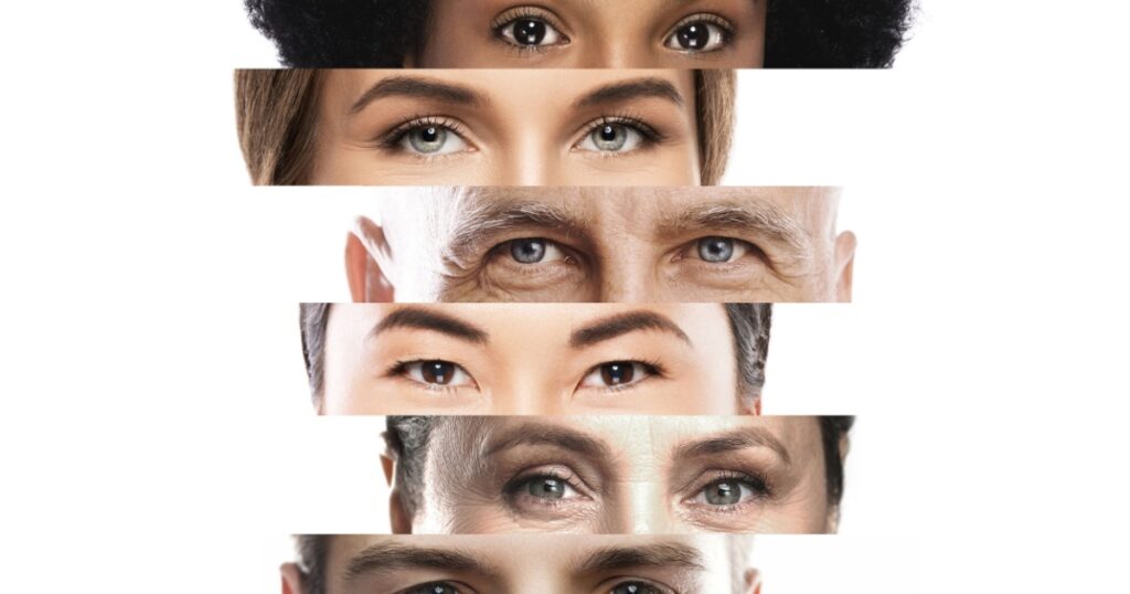 Collage with close-up male and female eyes of different ethnicity and age. Multicultural diversity and friendship.