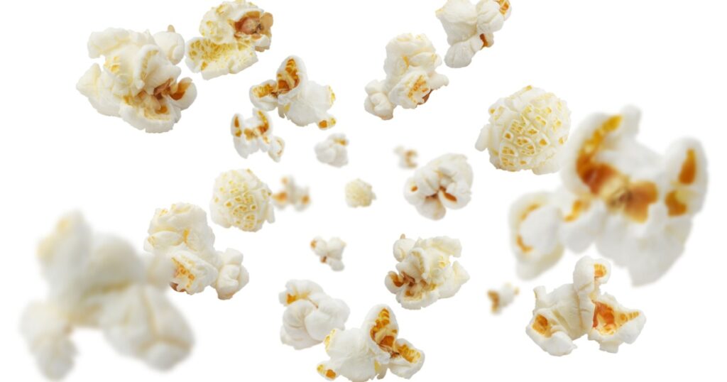 Flying popcorn, isolated on white background