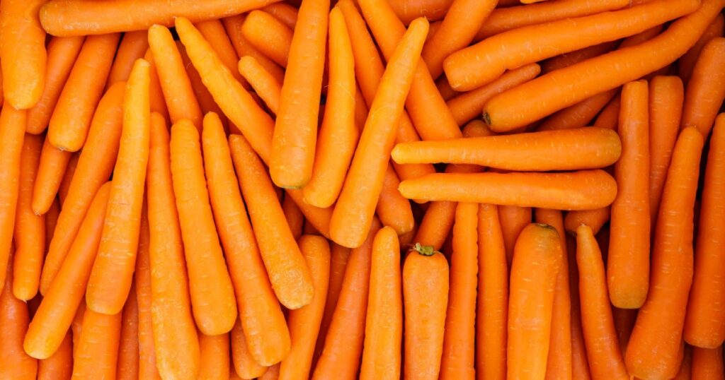 Many carrots placed raw in a container, overhead photo