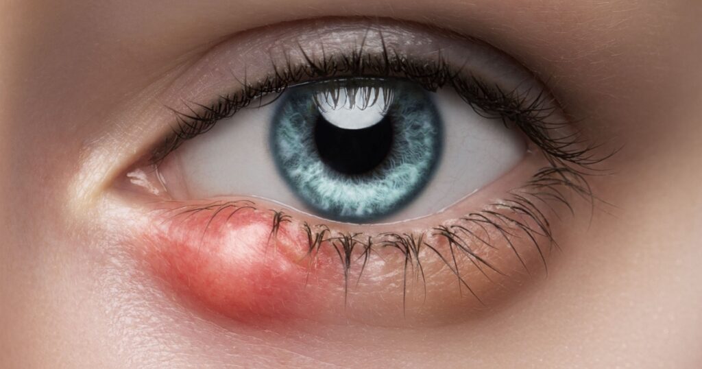 Eye of a girl with stye close-up. Acute purulent inflammation of the hair follicle of the eyelashes of a young woman. Treatment and prevention of eye diseases.