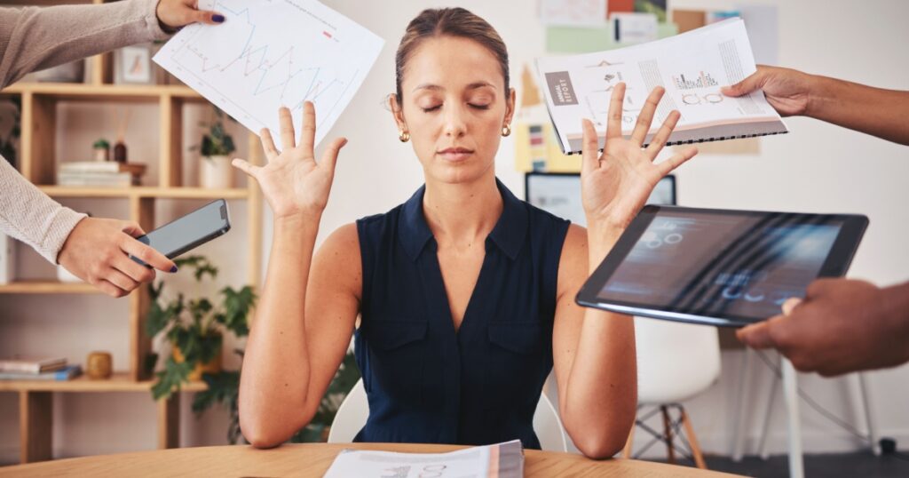 Burnout, stress and business woman overworked from too much, work overload and pressure marketing corporate company. Time management, frustrated and tired employee in digital agency office building